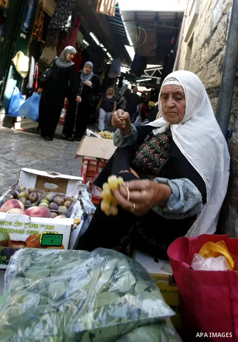 A Palestinian woman sells fruits at the market of Jerusalem's old city on Sept. 16, 2012. Photo by Mahfouz Abu Turk