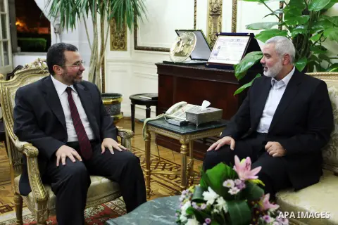 Palestinian Prime minister in Gaza strip, Ismail Haniya, meets with Dr. Hesham Qandil, in his office in Gaza city, on Sep. 18, 2012. Photo by Ahmed Shaat