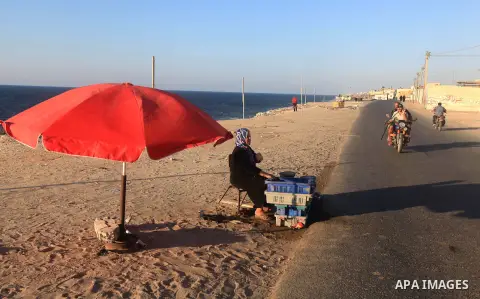 A Palestinian woman displays fish to sale it on the beach of Gaza city, Sept. 18, 2012 . Photo by Majdi Fathi