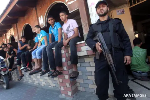 Palestinian security officers attends the funeral of Hamas officer Ashraf Saleh in Rafah in the southern Gaza Strip September 20, 2012. Israel killed two Palestinian security officials, one of them Saleh, in the Hamas-ru...