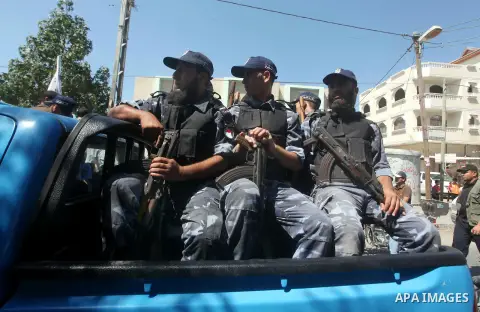 Palestinian security officers attends the funeral of Hamas officer Ashraf Saleh in Rafah in the southern Gaza Strip September 20, 2012. Israel killed two Palestinian security officials, one of them Saleh, in the Hamas-ru...