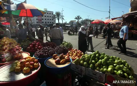 A Palestinian vendor displays grapes at a market in Gaza city, Sept. 23, 2012. The ministry of agriculture in Gaza government decided stop import fruits from Israel except apples and bananas to support the local fruits p...