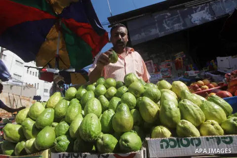 A Palestinian vendor displays fruits at a market in Gaza city, Sept. 23, 2012. The ministry of agriculture in Gaza government decided stop import fruits from Israel except apples and bananas to support the local fruits p...