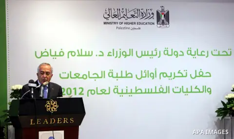 Palestinian Prime Minister Salam Fayyad speaks during the ceremony of the honoring the superior students in the Palestinian Universities in the year 2012, in the West Bank city of Ramallah, Sept. 23, 2012. Photo by Musta...