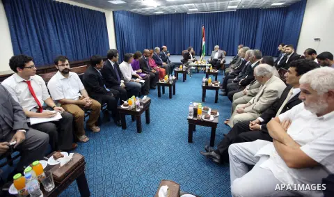 Palestinian Prime Minister in Gaza Strip Ismail Haniyeh, receives a delegation from the International confederation of democratic lawyers in Gaza City, on Sep. 27, 2012. Photo by Mohammed Al Ostaz