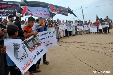 Palestinians participate a protest in Rafah, southern Gaza Strip, Sunday, Sept. 30, 2012. Hamas officials say that over the past two months, Egypt has closed about 80 percent of the roughly 450 tunnels. The move is a res...