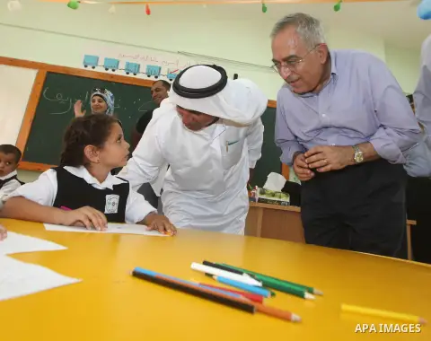 Palestinian Prime Minister Salam Fayyad visits "al-Mustqabal" Kindergarten in Ein al-Sultan refugee camp in the occupied West Bank city of Jericho on September 30, 2012. Photo by Mustafa Abu Dayeh