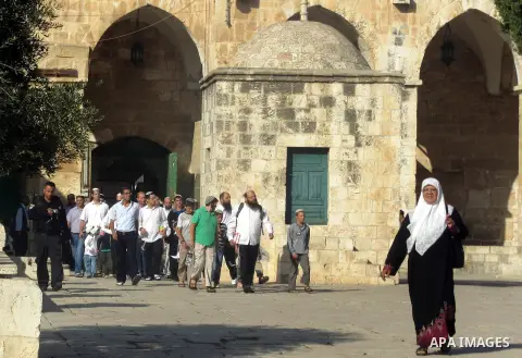 Israeli policemen stand guard during clashes with Palestinian protesters on the protesters known to Muslims as the Noble Sanctuary and to Jews as the Temple Mount in Jerusalem's Old City Oct. 04, 2012. Photo by Mahfouz A...