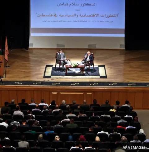 Palestinian Prime Minister speaks during a seminar about "Economic and Political Developments in Palestine" at al-Najah National University, in the West Bank city of Nablus, Oct. 07, 2012. Photo by Mustafa Abu Dayeh