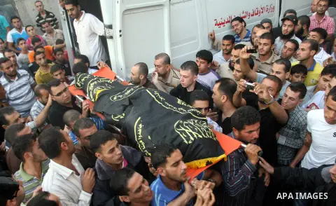 Palestinians carry the body of Abdullah Maqawai during his funeral in Rafah in the southern Gaza Strip on October 8, 2012 after he died of his wounds sustained in an Israeli air strike. Gaza's ruling Hamas movement and t...