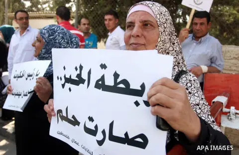Palestinian workers demonstrate in front of the Council of Ministers during a protest the value of the minimum wage 1450 shekels, in the West Bank city of Ramallah, on Oct. 09, 2012. Photo by Issam Rimawi