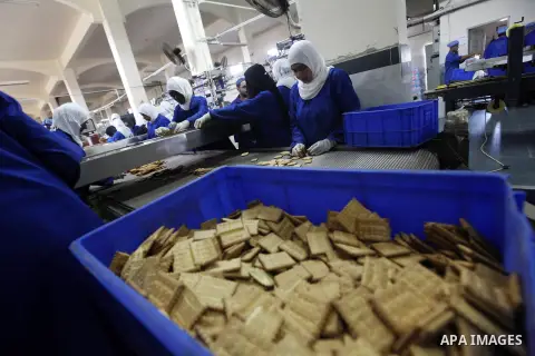 Palestinian workers quality control biscuits at the al-Awda factory in Deir al-Balah, in the central Gaza strip, on October 10, 2012. The World Food Program (WFP) will export the biscuits to United Nation run schools in...