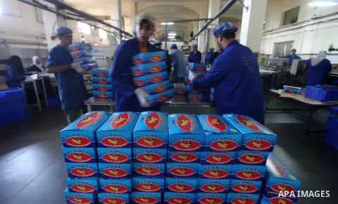 Palestinian workers quality control biscuits at the al-Awda factory in Deir al-Balah, in the central Gaza strip, on October 10, 2012. The World Food Program (WFP) will export the biscuits to United Nation run schools in...