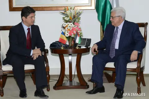Palestinian President Mahmoud Abbas meets with Romanian Foreign Minister Titus Corlatean, in the West Bank city of Ramallah, Oct. 10, 2011. Corlatean is on an official visit to the region. Photo by Thaer Ganaim
