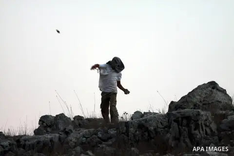 Israeli settlers from Bracha settlement throw stones at Palestinian farmers from the West Bank village of Burin, north of Nablus, during clashes on October 10, 2012. Over 100 olive trees belonging to Palestinians in a We...