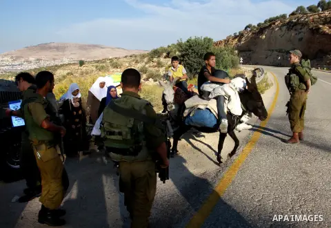 Israeli soldiers guard as Palestinians make their way to harvest olive trees on the outskirts of the West Bank village of Salem, near the Jewish settlement of Elone Moreh, east of Nablus October 11, 2012. Photo by Nedal...
