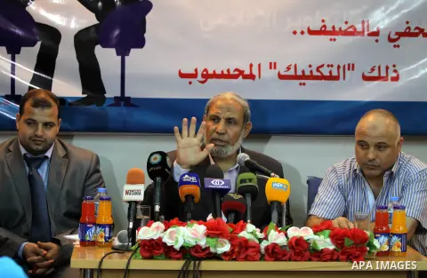 Leader in Hamas movement Mahmoud Al Zahar speaks during symposium , in Gaza city on Oct. 13, 2012. Photo by Naaman Omar