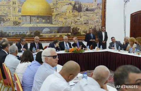 Palestinian President Mahmoud Abbas (Abu Mazen) meets with a delegation from the Israeli Dignitaries, in the West Bank city of Ramalah, Oct. 14, 2012. Photo by Thaer Ganaim