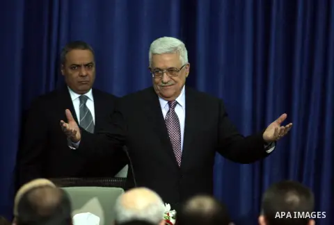 Palestinian leader Mahmoud Abbas speaks in the West Bank city of Ramallah after he was given the keys to Jerusalem by families living in the holy city on October 13, 2012. Photo by Issam Rimawi