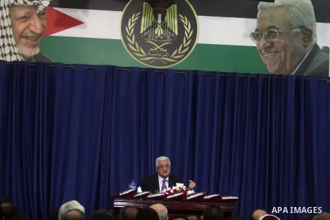 Palestinian leader Mahmoud Abbas speaks in the West Bank city of Ramallah after he was given the keys to Jerusalem by families living in the holy city on October 13, 2012. Photo by Issam Rimawi
