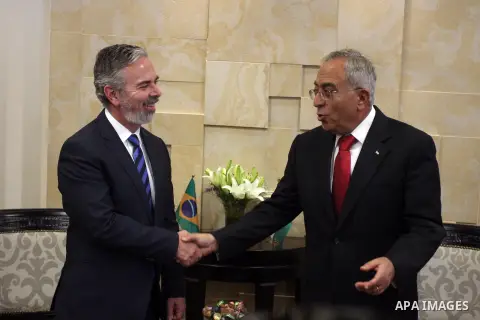 Palestinian Prime Minister Salam Fayyad meets with Brazilian foreign Minister Antonio Patriota, in the West Bank city of Ramallah on October 15, 2012. Photo by Issam Rimawi