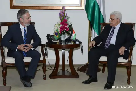 Palestinian President Mahmoud Abbas meets with Brazilian foreign Minister Antonio Patriota, in the West Bank city of Ramallah on October 15, 2012. Photo by Thaer Ganaim