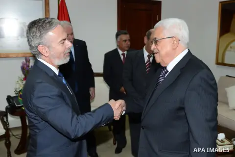 Palestinian President Mahmoud Abbas meets with Brazilian foreign Minister Antonio Patriota, in the West Bank city of Ramallah on October 15, 2012. Photo by Thaer Ganaim