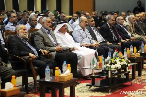 Palestinian Prime Minister in Gaza strip Ismail Haniyeh attends a ceremony to honor members of Gaza Government, in Gaza City on oct. 16, 2012 . Photo by Office of the Prime Minister's Media