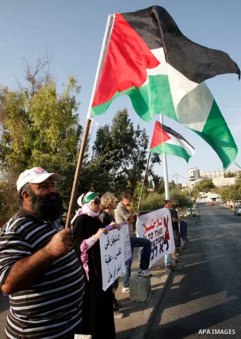 Palestinian and foreign activists hold Palestinian flags and placards during a protest against land confiscation in the neighborhood of Sheikh Jarrah in the east Jerusalem on Oct. 19, 2012. Photo by Mahfouz Abu Turk