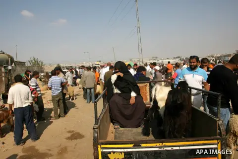 Palestinians trade goats at a local cattle market ahead of Muslim festival of Eid al-Adha, in Rafah in southern Gaza city, on October 20, 2012. Muslims around the world prepare to celebrate Eid Al-Adha, which according t...