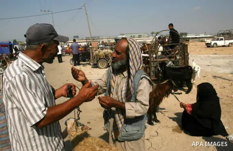 Palestinians trade goats at a local cattle market ahead of Muslim festival of Eid al-Adha, in Rafah in southern Gaza city, on October 20, 2012. Muslims around the world prepare to celebrate Eid Al-Adha, which according t...