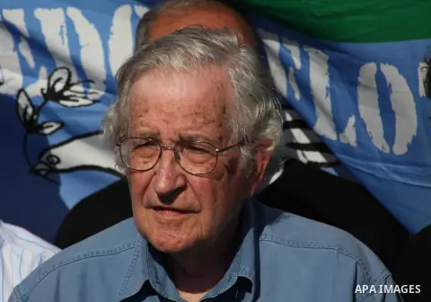 Jewish-American scholar and activist Noam Chomsky stands during a press conference to support the Gaza-bound flotilla in the port of Gaza City, Saturday, Oct. 20 , 2012. Israeli soldiers commandeered a vessel carrying pr...