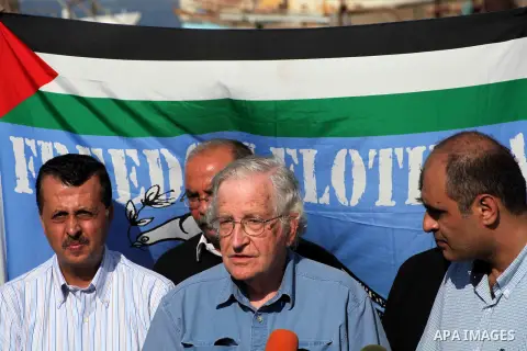 Jewish-American scholar and activist Noam Chomsky stands during a press conference to support the Gaza-bound flotilla in the port of Gaza City, Saturday, Oct. 20 , 2012. Israeli soldiers commandeered a vessel carrying pr...