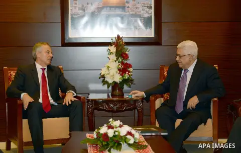 Palestinian President Mahmoud Abbas (Abu Mazen) meets with the Middle East quartet's envoy, Tony Blair, in the West Bank city of Ramallah on October. 21, 2012. Photo by Thaer Ganaim