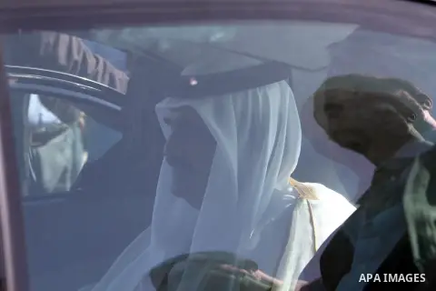 Palestinian Prime Minister in Gaza Strip, Ismail Haniyeh with the Emir of Qatar Sheik Hamad bin Khalifa al-Thani arrive to attend the opening ceremony for housing project in the southern Gaza Strip town of Khan Yunis, Oc...