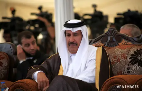 Qatar prime minister, Hamad bin Jaseem al-Thani attends the opening ceremony for housing project in the southern Gaza Strip town of Khan Yunis, October 23, 2012. The Emir of Qatar entered the Gaza Strip on Tuesday for a...