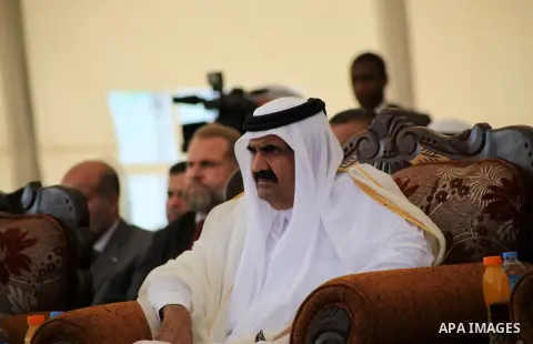 Emir of Qatar Sheik Hamad bin Khalifa al-Thani attends the opening ceremony for housing project in the southern Gaza Strip town of Khan Yunis, October 23, 2012. The Emir of Qatar entered the Gaza Strip on Tuesday for a v...
