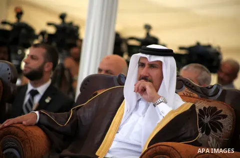 Qatar prime minister, Hamad bin Jaseem al-Thani attends the opening ceremony for housing project in the southern Gaza Strip town of Khan Yunis, October 23, 2012. The Emir of Qatar entered the Gaza Strip on Tuesday for a...