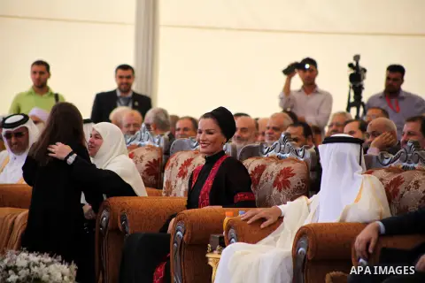 The Emir of Qatar Sheikh Hamad bin Khalifa al-Thani and his wife Sheikha Mozah bint Nasser al-Missned attend cornerstone laying ceremony for Hamad, a new residential neighbourhood in Khan Younis in the southern Gaza Stri...