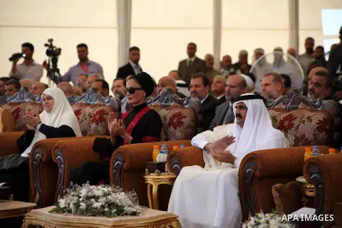 The Emir of Qatar Sheikh Hamad bin Khalifa al-Thani and his wife Sheikha Mozah bint Nasser al-Missned attend cornerstone laying ceremony for Hamad, a new residential neighbourhood in Khan Younis in the southern Gaza Stri...