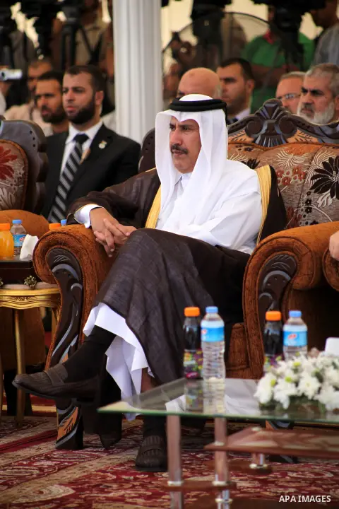 Qatar prime minister, Hamad bin Jaseem al-Thani attends a cornerstone laying ceremony for Hamad, a new residential neighbourhood in Khan Younis in the southern Gaza Strip, 23 October 2012. The Emir of Qatar entered the G...