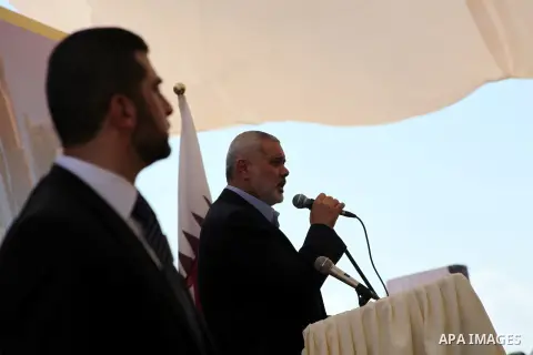 Palestinian prime minister in Gaza strip, Ismail Haniyah speaks during a cornerstone laying ceremony for Hamad, a new residential neighbourhood in Khan Younis in the southern Gaza Strip, 23 October 2012. The Emir of Qata...