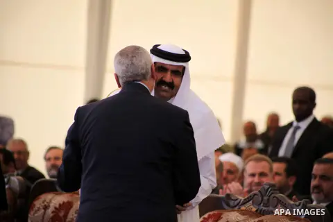 Palestinian Prime Minister in Gaza strip, Ismail Haniyeh and the Emir of Qatar Sheikh Hamad bin Khalifa al-Thani attend a cornerstone laying ceremony for Hamad, a new residential neighbourhood in Khan Younis in the south...