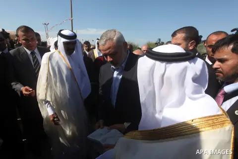 Palestinian Prime Minister in Gaza strip, Ismail Haniyeh and the Emir of Qatar Sheikh Hamad bin Khalifa al-Thani attend a cornerstone laying ceremony for Hamad, a new residential neighbourhood in Khan Younis in the south...