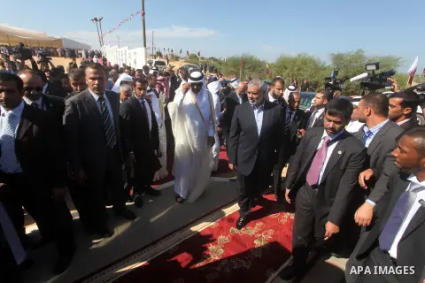 Palestinian Prime Minister in Gaza strip, Ismail Haniyeh and the Emir of Qatar Sheikh Hamad bin Khalifa al-Thani attend a cornerstone laying ceremony for Hamad, a new residential neighbourhood in Khan Younis in the south...