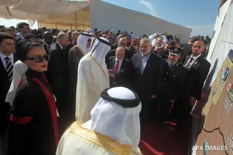 Palestinian Prime Minister in Gaza strip, Ismail Haniyeh and the Emir of Qatar Sheikh Hamad bin Khalifa al-Thani attend a cornerstone laying ceremony for Hamad, a new residential neighbourhood in Khan Younis in the south...