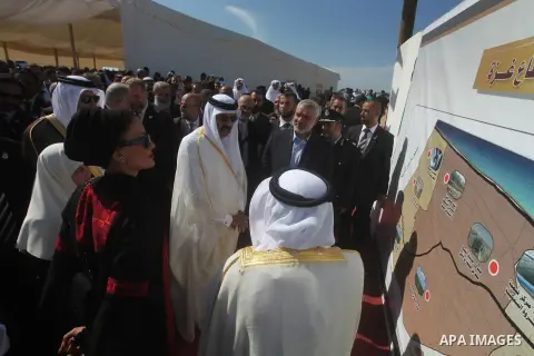 Palestinian Prime Minister in Gaza strip, Ismail Haniyeh and the Emir of Qatar Sheikh Hamad bin Khalifa al-Thani attend a cornerstone laying ceremony for Hamad, a new residential neighbourhood in Khan Younis in the south...