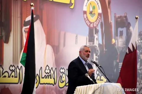 Palestinian prime minister in Gaza strip, Ismail Haniyah speaks during a cornerstone laying ceremony for Hamad, a new residential neighbourhood in Khan Younis in the southern Gaza Strip, 23 October 2012. The Emir of Qata...