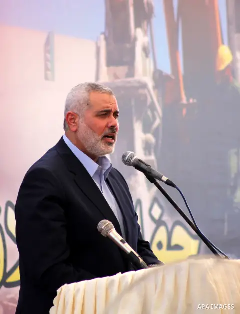 Palestinian prime minister in Gaza strip, Ismail Haniyah speaks during a cornerstone laying ceremony for Hamad, a new residential neighbourhood in Khan Younis in the southern Gaza Strip, 23 October 2012. The Emir of Qata...