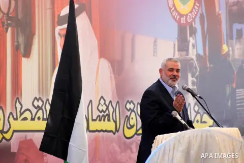 Palestinian prime minister in Gaza strip, Ismail Haniyah speaks during a cornerstone laying ceremony for Hamad, a new residential neighbourhood in Khan Younis in the southern Gaza Strip, 23 October 2012. The Emir of Qata...